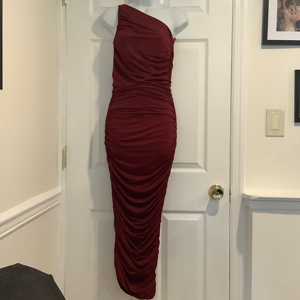 OH POLLY One Shoulder Elegant  Burgundy Fall Wedding Guest Formal Event Dress 6